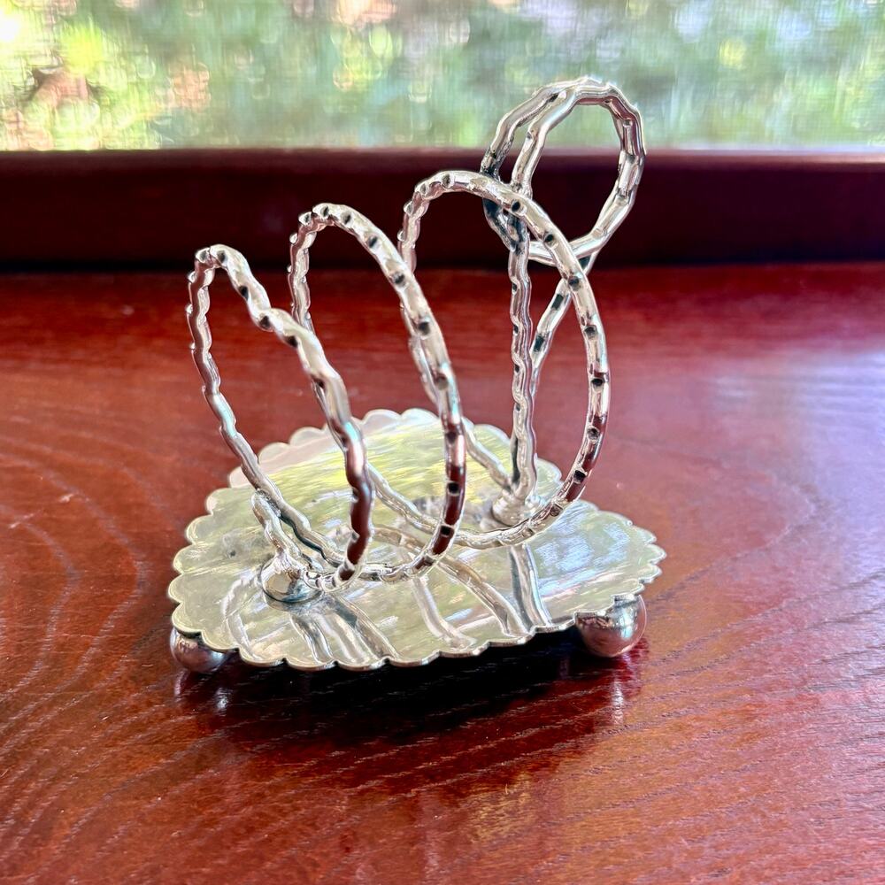 Vintage EPNS Silverplate Toast Rack Scalloped Base Ball Feet 3-Slot